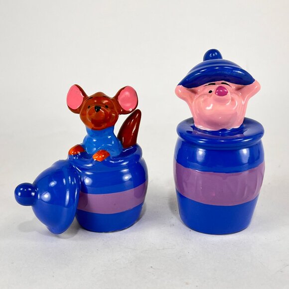 Disney Winnie The Pooh Roo Piglet Ceramic Pottery Blue Salt Pepper Shakers Retro - Picture 1 of 16